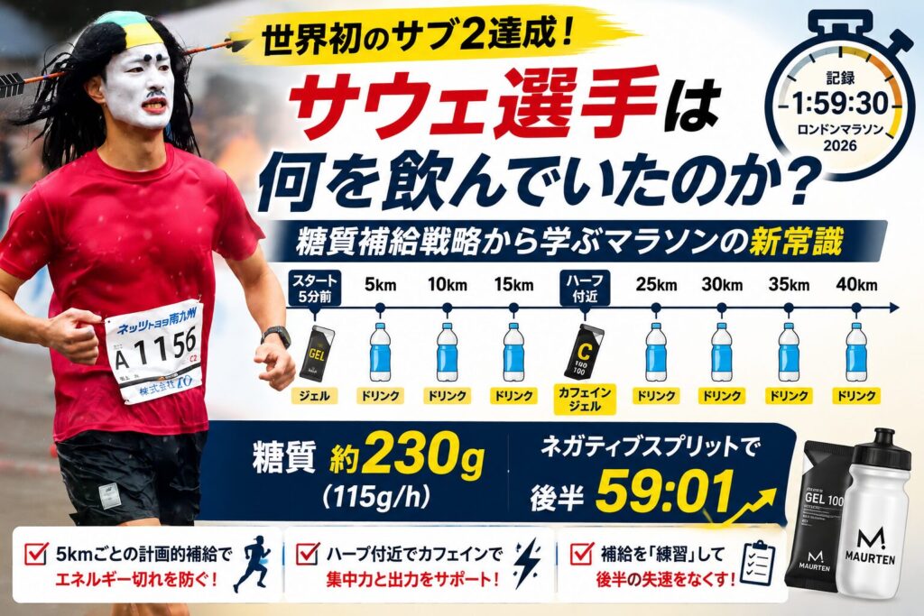 世界初のサブ2を達成したセバスチャン・サウェ選手の糖質補給戦略を図解。5kmごとの補給タイミングや糖質摂取量、市民ランナーが参考にできるポイントを紹介。