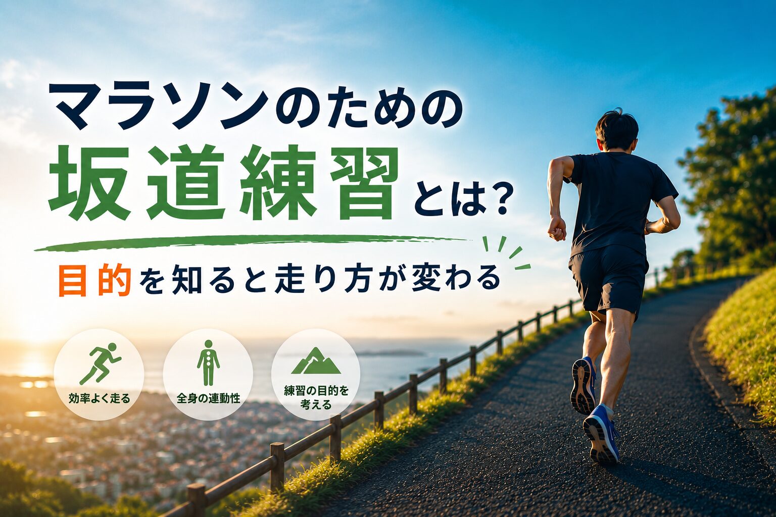坂道を走るランナーのイラストと「マラソンのための坂道練習とは？」のタイトル。坂道練習の目的や効率よく走るための考え方を解説したコラムのアイキャッチ画像。
