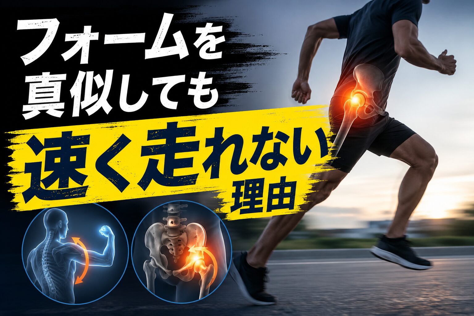 ランニングフォームを見直すことで股関節の動きが改善する理由を解説する記事のアイキャッチ画像。フォームを真似するだけでは速く走れない理由を紹介。