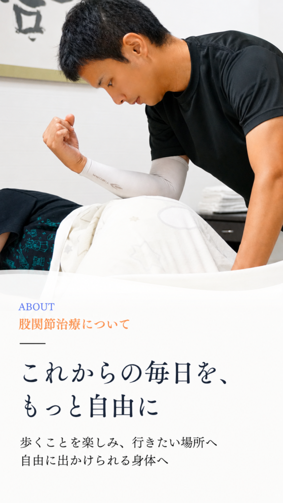 院内で股関節の状態を確認する施術風景に、『これからの毎日を、もっと自由に』と掲げた股関節治療の案内画像。