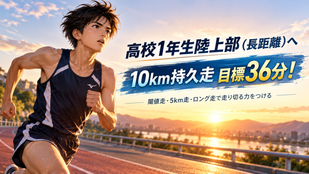 高校1年生の長距離ランナーが夕日を背に力強く走るイラスト。「10km持久走 目標36分！」の文字と、閾値走・5km走・ロング走による練習方法を紹介。
